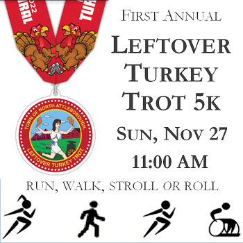 red medal and town seal with woman holding turkey legs