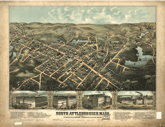 Old Drawn Aerial Map of the Town of North Attleborough
